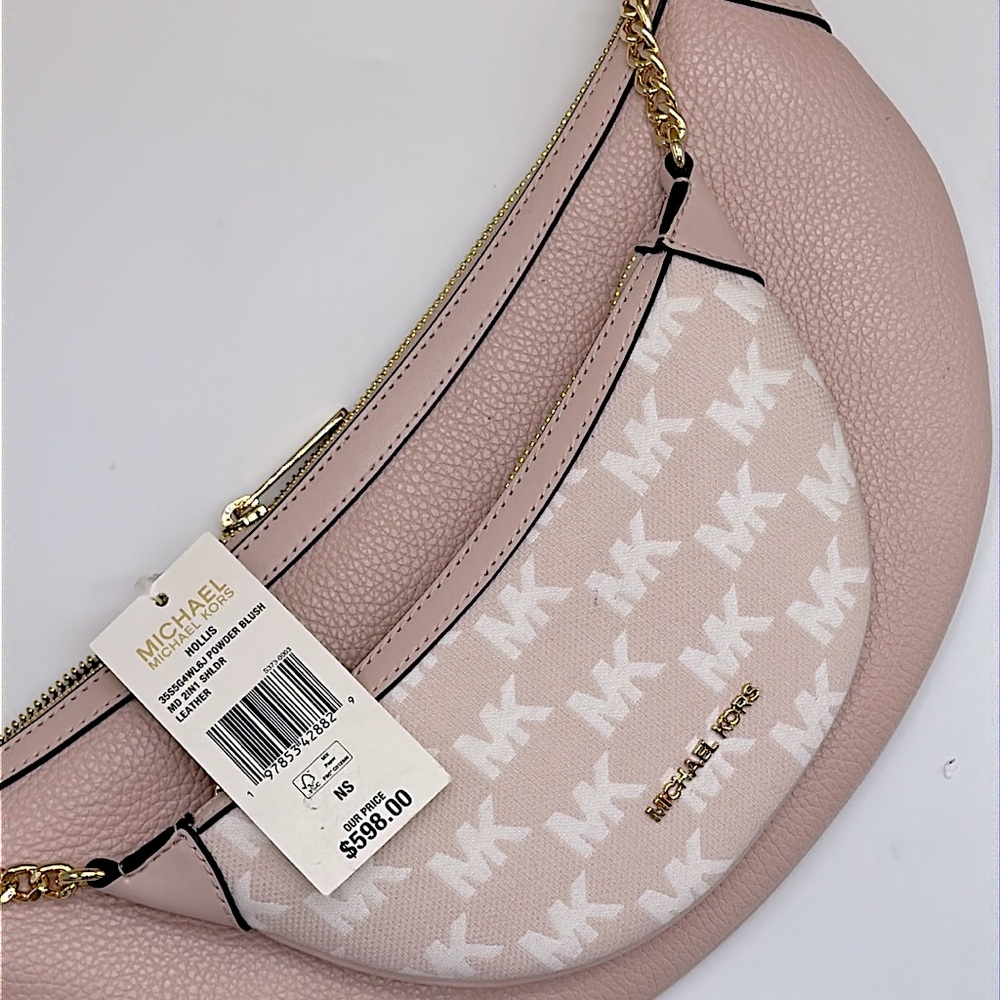 MICHAEL KORS Hollis Medium 2-in-1 Pebbled Leather and Logo Jacquard Shoulder Bag - Picture 13 of 16